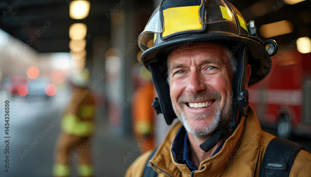 Smiling firefighter at fire station. Happy face in helmet. Bravery and dedication during busy shift. Uniform, safety, teamwork, readiness. Professional hero at work, community service. Smiling firefighter at fire station. Happy face in helmet. Bravery and dedication during busy shift. Uniform, safety, teamwork, readiness. Professional hero at work, community service.