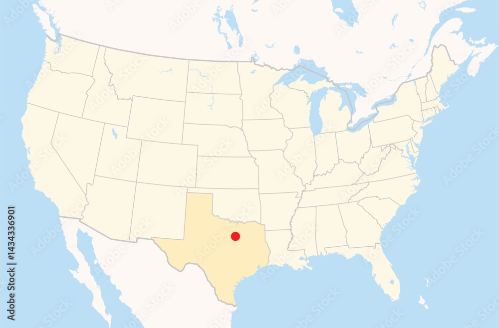 Fototapeta premium Location Map of the city Burleson in Texas, USA. The state is marked orange and the city is highlighted with a red dot. No labels at all.
