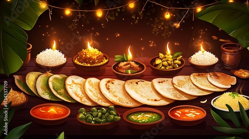 Wallpaper Mural Traditional festive Indian food spread with rice, curries, bread, sweets, and decorative oil lamps image Torontodigital.ca