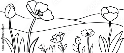 Black And White Spring Floral Scene With Tulips And Rolling Hills Outline