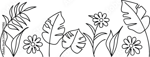 Botanical Line Art Vector Illustration With Tropical Leaves And Flowers Arrangement