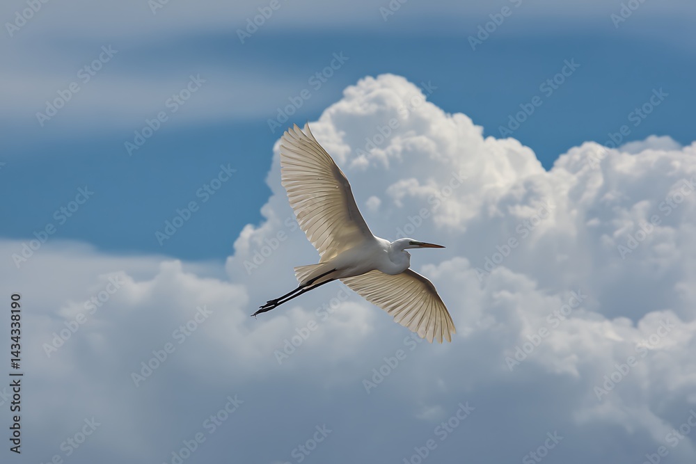 White heron flying with water-like look against blue sky
White heron flying with water-like look against blue sky