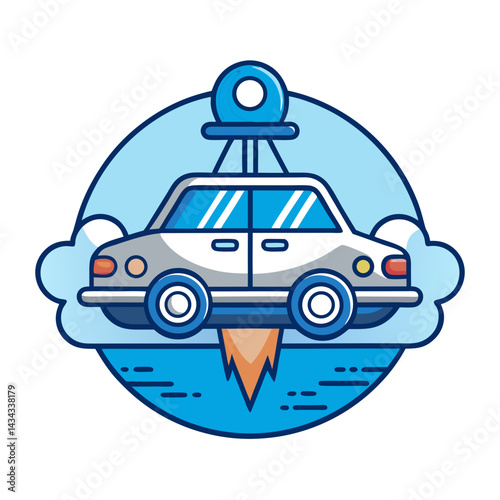 Flying Car with Rocket Boosters and Clouds Illustration

