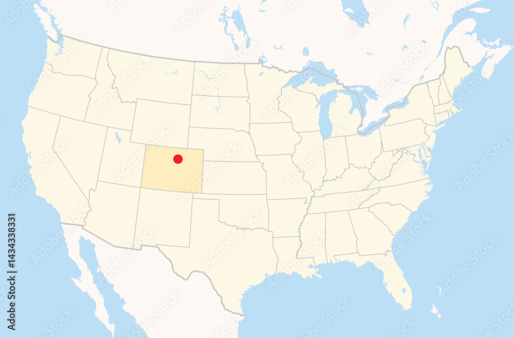 Obraz premium Location Map of the city Broomfield in Colorado, USA. The state is marked orange and the city is highlighted with a red dot. No labels at all.