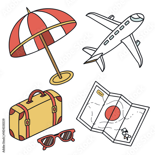 Travel Essentials Set with Umbrella, Airplane, and Suitcase Illustration

