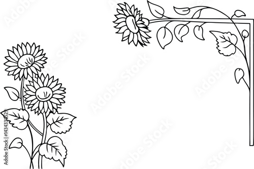 Sunflower Line Art Decoration Floral Corner Ornament Black And White Vector Graphic