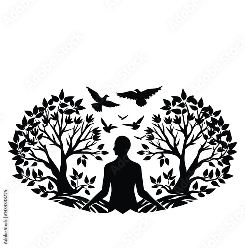 Serene Meditation Amidst Nature: Silhouette of a person immersed in deep meditation, surrounded by the peaceful embrace of nature and the freedom of birds taking flight.