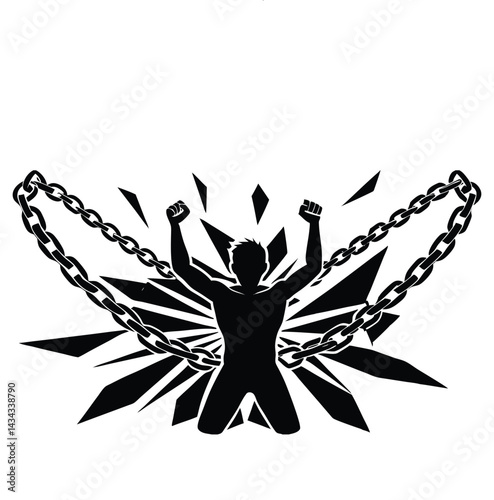 Breaking Free: A silhouette of a person kneels, raising their arms in a powerful gesture of liberation as they break free from restrictive chains. Evoking themes of resilience, transformation.