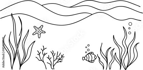 Undersea World Line Art Vector Illustration With Fish Starfish And Algae