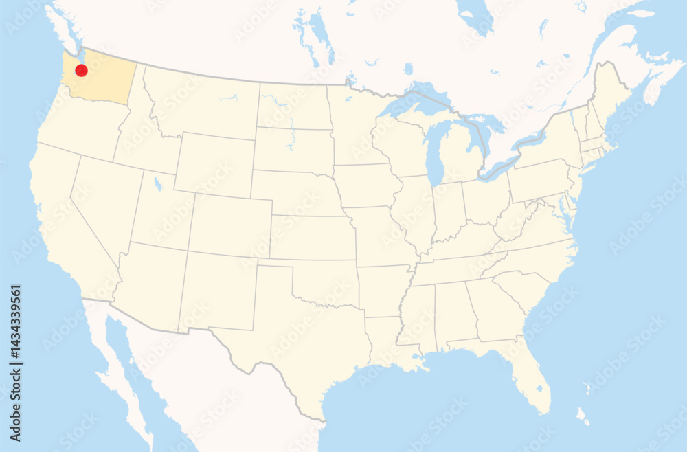 Fototapeta premium Location Map of the city Burien in Washington, USA. The state is marked orange and the city is highlighted with a red dot. No labels at all.