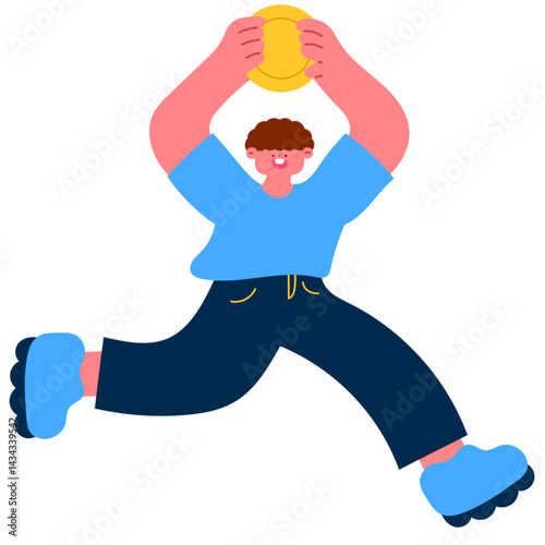 Smiling man holding a golden coin over his head while running, symbolizing financial success and achievement flat vector illustration