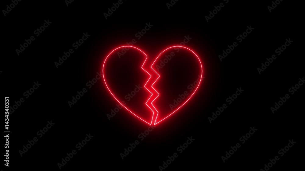 Animation icon of a broken red heart 4k on black background. Broken heart animation. Concept of unrequited love broken heart neon sign. Animation icon of a broken red heart 4k on black background. Broken heart animation. Concept of unrequited love broken heart neon sign.