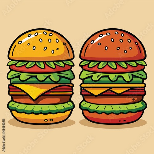 Two Delicious Cartoon Burgers with Sesame Seed Buns
