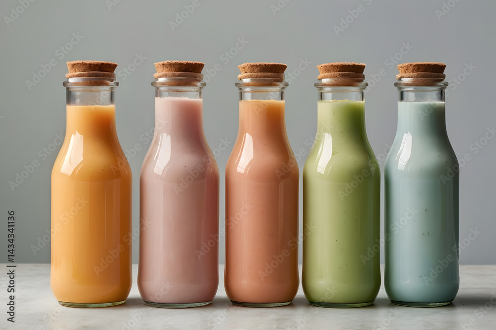 line of smoothies in different colors, glass bottles line of smoothies in different colors, glass bottles