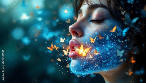 Enchanting Whispers: A woman exhales butterflies, representing dreams and the soul, set against a backdrop of bokeh.