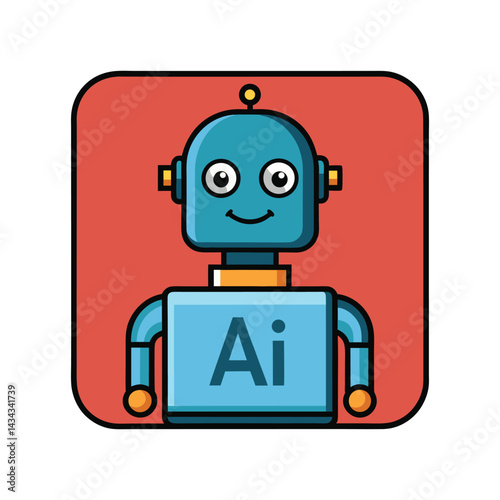 Cute Robot: An AI-powered robot, designed with a cheerful face and the letters "Ai", is set against a vibrant backdrop of orange, offering a simple and engaging graphic.