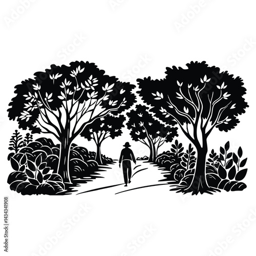Solitude on the Path: A solitary figure strolls along a path that winds through a dense forest, silhouetted against a backdrop of towering trees.