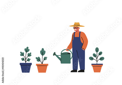 An elderly man in overalls waters potted plants in a garden. Flat vector illustration, perfect for lifestyle, gardening, or senior themes. Clean, modern style.