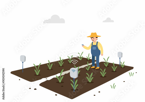 Farmer uses a digital device to monitor crops in a field. Modern agriculture, precision farming, and technology integration are showcased in this bright, clean illustration.