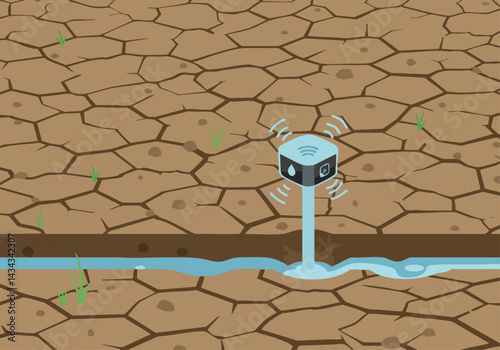 A soil moisture sensor monitors dry, cracked earth. Illustrates precision agriculture, water conservation, and sustainable farming practices. Clean, modern design.
