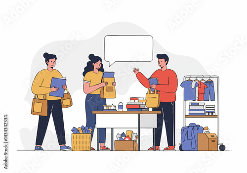 Three young adults browse a clothing and book swap. Casual attire, friendly interaction, and a vibrant, organized setup create a welcoming atmosphere.