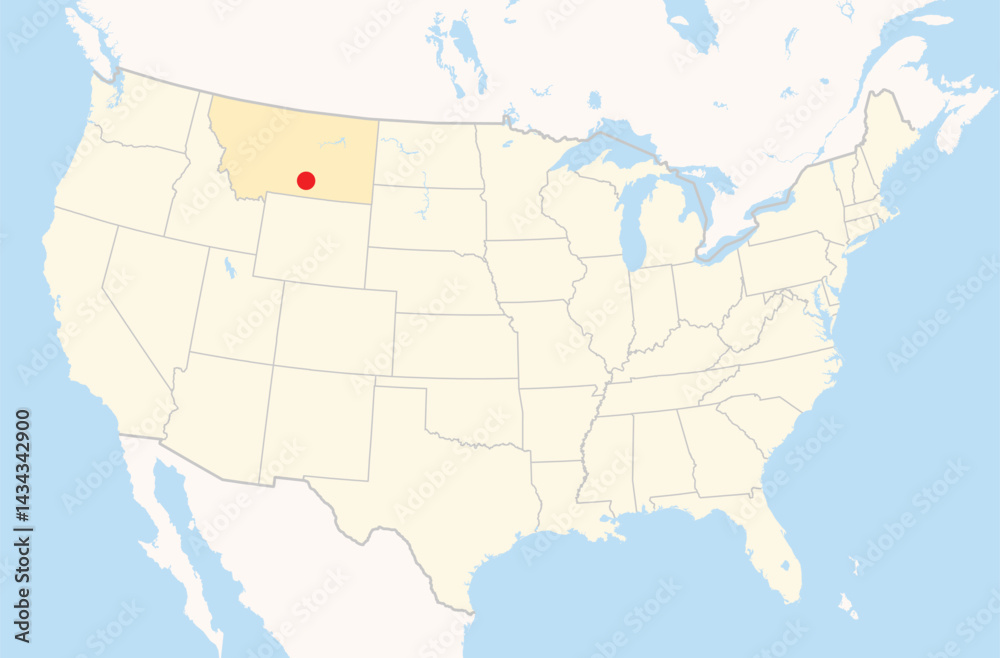 Obraz premium Location Map of the city Billings in Montana, USA. The state is marked orange and the city is highlighted with a red dot. No labels at all.