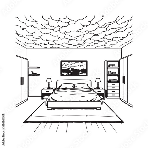 Black and White Bedroom Interior Illustration,
Vector Bedroom Design with Modern Decor,
Clean Bedroom Interior Drawing with Rug and Artwork,
