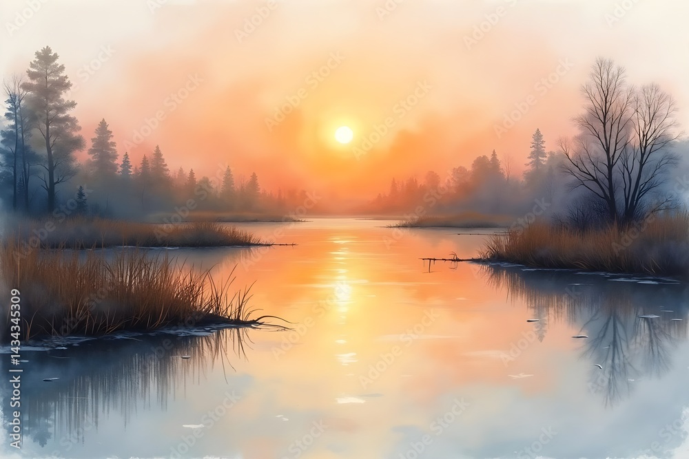 Sunrise Reflections on Calm Wetland Waters in Watercolor Sunrise Reflections on Calm Wetland Waters in Watercolor