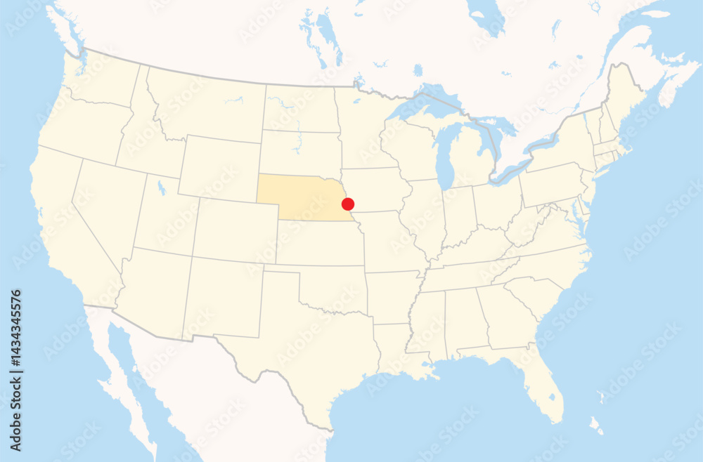 Fototapeta premium Location Map of the city Bellevue in Nebraska, USA. The state is marked orange and the city is highlighted with a red dot. No labels at all.
