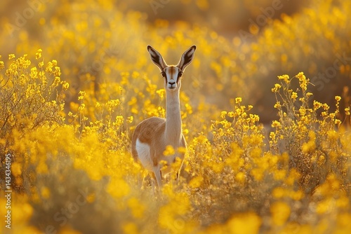 A vigilant Arabian Gazelle in a desert landscape with yellow flowers at Al Marmoom DCR Dubai