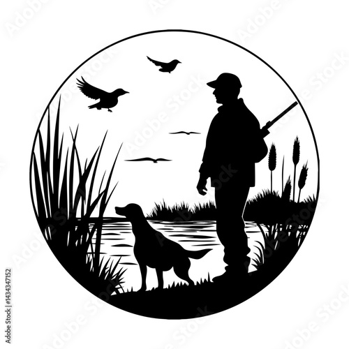 Hunter and dog in nature silhouette vector illustration
