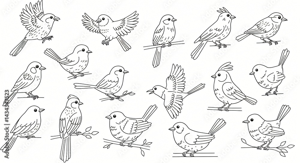 Fototapeta line art birds drawings cute for children coloring books