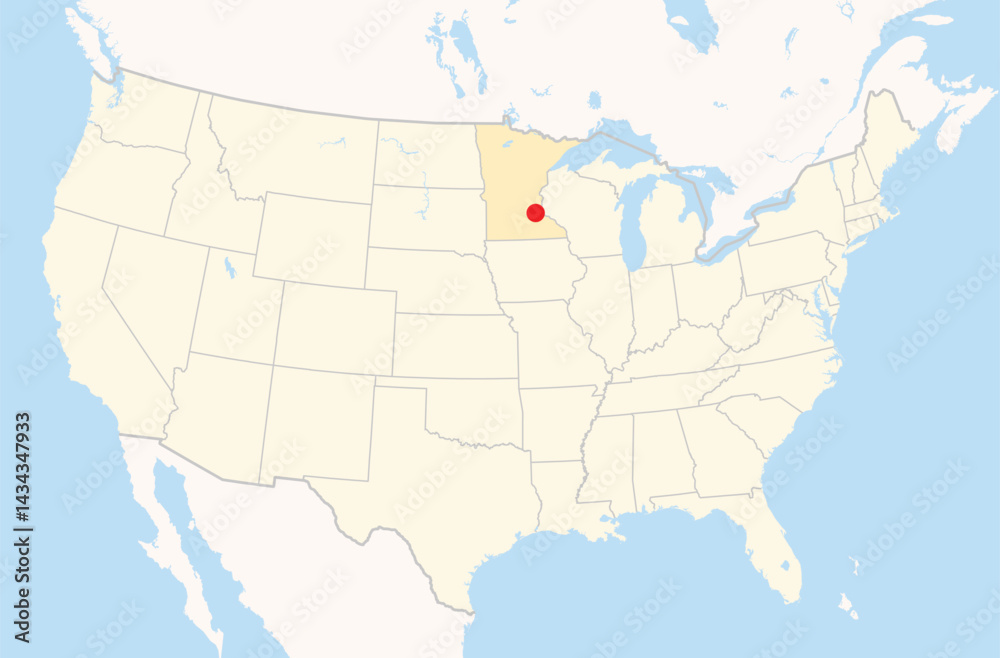 Obraz premium Location Map of the city Apple Valley in Minnesota, USA. The state is marked orange and the city is highlighted with a red dot. No labels at all.