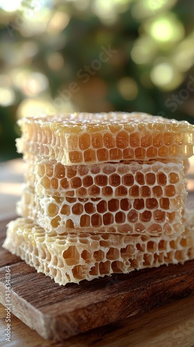 Stacked honeycomb pieces on wood, bokeh background