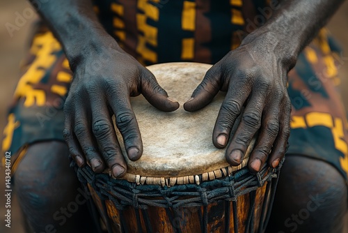 Close-up of dark-skinned hands playing a traditional drum with a beige drumhead and wooden body, wearing colorful patterned clothing
