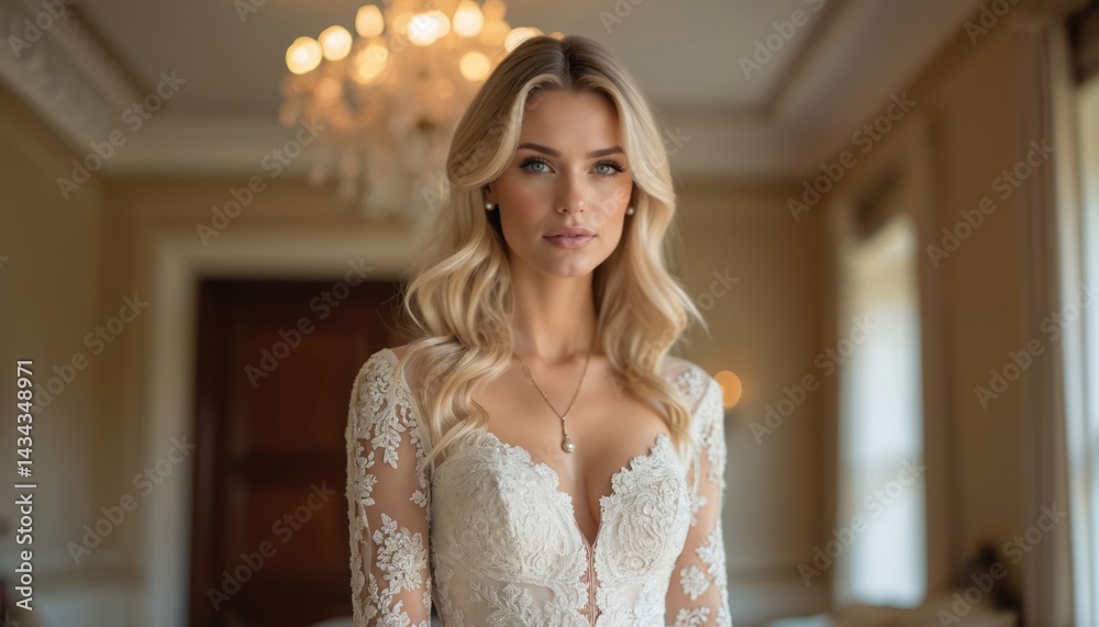 Fototapeta premium Elegant bride portrait in dress. Beautiful blond woman with wavy hair posing. Stunning lace wedding gown. Glamour, fashion, style. Wedding day, celebration. Beauty, luxurious interior.