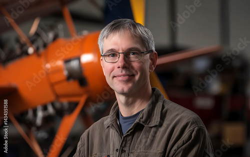 Smiling male aircraft mechanic in hangar with vintage orange biplane, aviation technician portrait in workshop environment, aviation maintenance engineer and airplane restoration professional concept
 photo