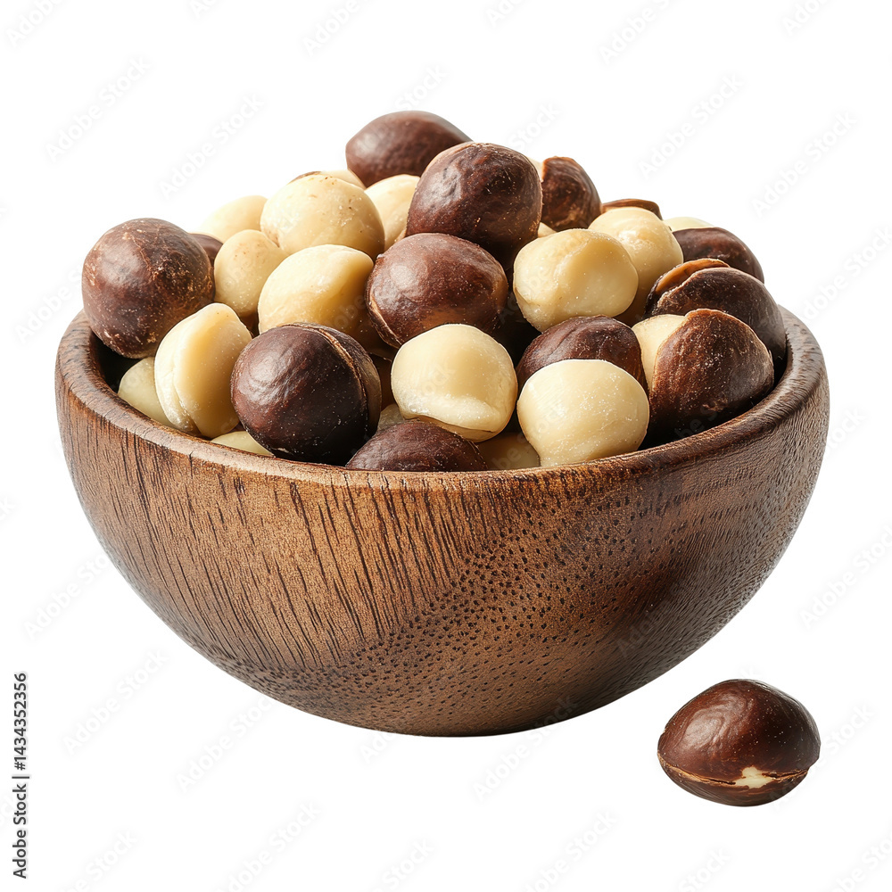 Obraz premium macadamia nuts in a wooden bowl Isolated on white transparent background