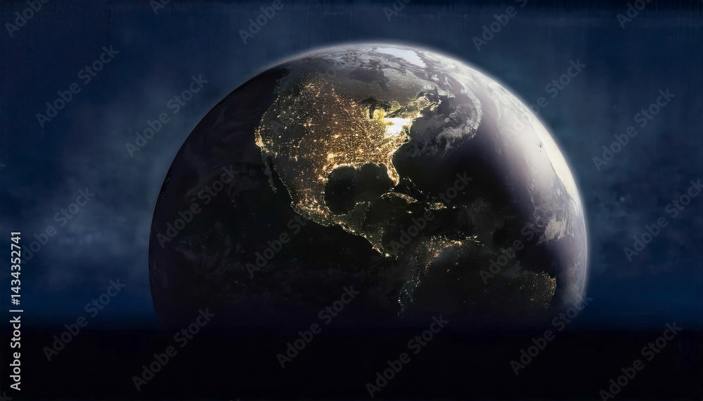 Fototapeta premium A darkened Earth seen from space, with scattered lights showing where life still glows. Cities dimmed in unity, honoring Earth Hour. A quiet moment of global awareness shines through the night.
