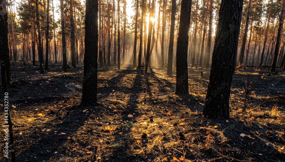 Fototapeta premium Charred forest landscape just after a wildfire in the morning
