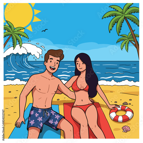 A flat-style illustration captures a couple sunbathing together and enjoying a sunny day at beach in summer hvacation. captures the essence of a tranquil and adventurous summer day.