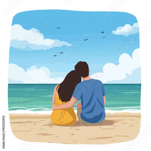 A couple sits peacefully on the beach, enjoying the serene ocean view under a partly cloudy sky in summer vacation holiday