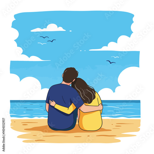 A couple sits peacefully on the beach, enjoying the serene ocean view under a partly cloudy sky in summer vacation holiday