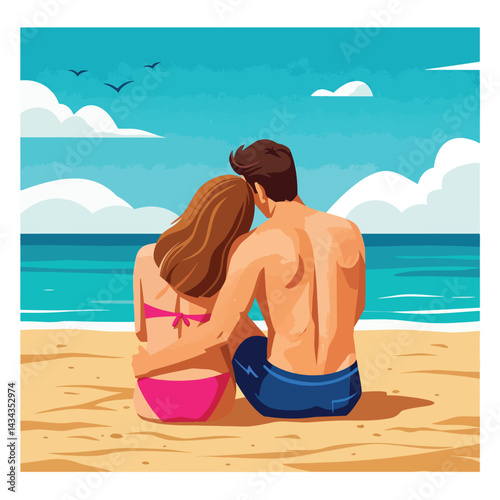 A couple sits peacefully on the beach, enjoying the serene ocean view under a partly cloudy sky in summer vacation holiday