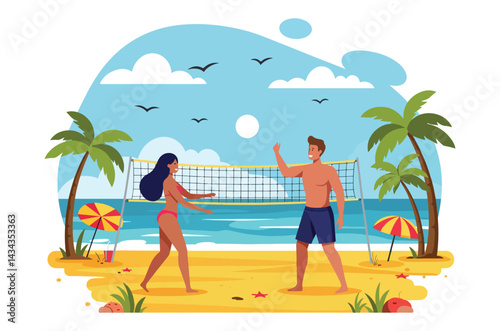 Flat illustration of a couple enjoys a lively game of beach volleyball on a sunny day at summer vacation holiday. They are surrounded by a vibrant scene of the ocean, sky, and scattered starfish.