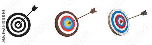 Archery target boards with arrows hitting bullseye, Colorful and black-white dartboards for accuracy, focus, sports, achievement, goal setting, Vector graphics