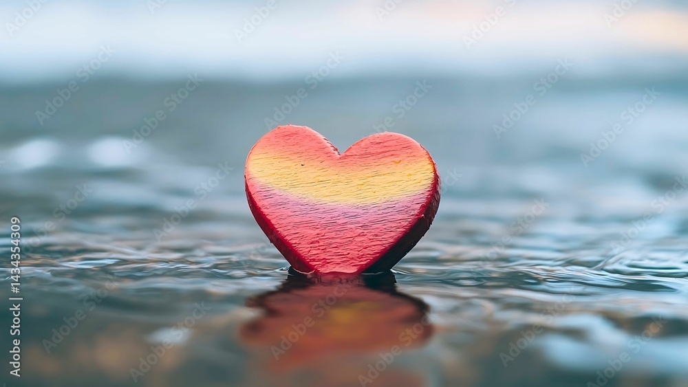 Obraz premium A single heart-shaped object resting delicately in water, with a beautiful gradient of colors and an intimate moment with the ocean