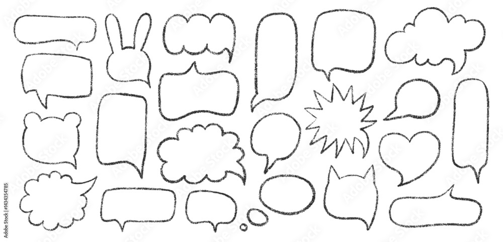 Fototapeta premium Speech Bubble Set with Hand-Drawn Chalk Outlines on Black Background. Crayon Style Shapes for Comic Dialogues