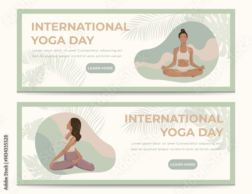Banners for International Yoga Day. Illustration of sporty girls doing asanas, exercises. The posters can be used as invitations, booklets or tickets for yoga training. Vector illustration.