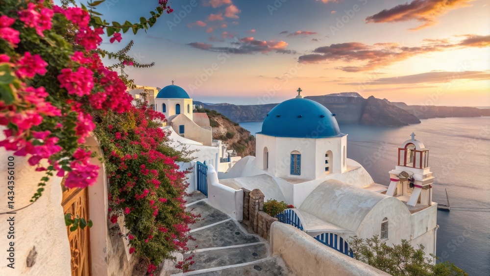Fototapeta premium Blue-domed Santorini Churches at Sunset, pink bougainvillea foreground, idyllic village, Greece, travel, architecture